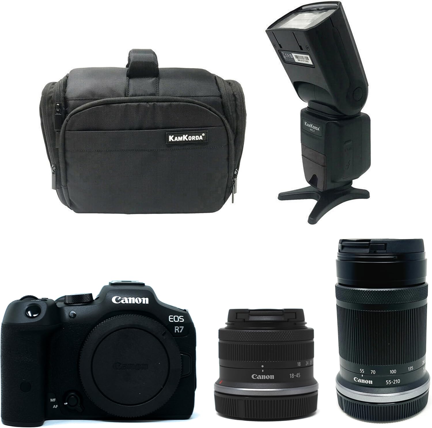 KamKorda Camera Bag + Flash + R7 Mirrorless Camera + RF-S 18-45mm + RF-S 55-210mm STM lens, 32.5MP APS-C CMOS Sensor, 4K60 10-Bit Video + 2 Year Warranty