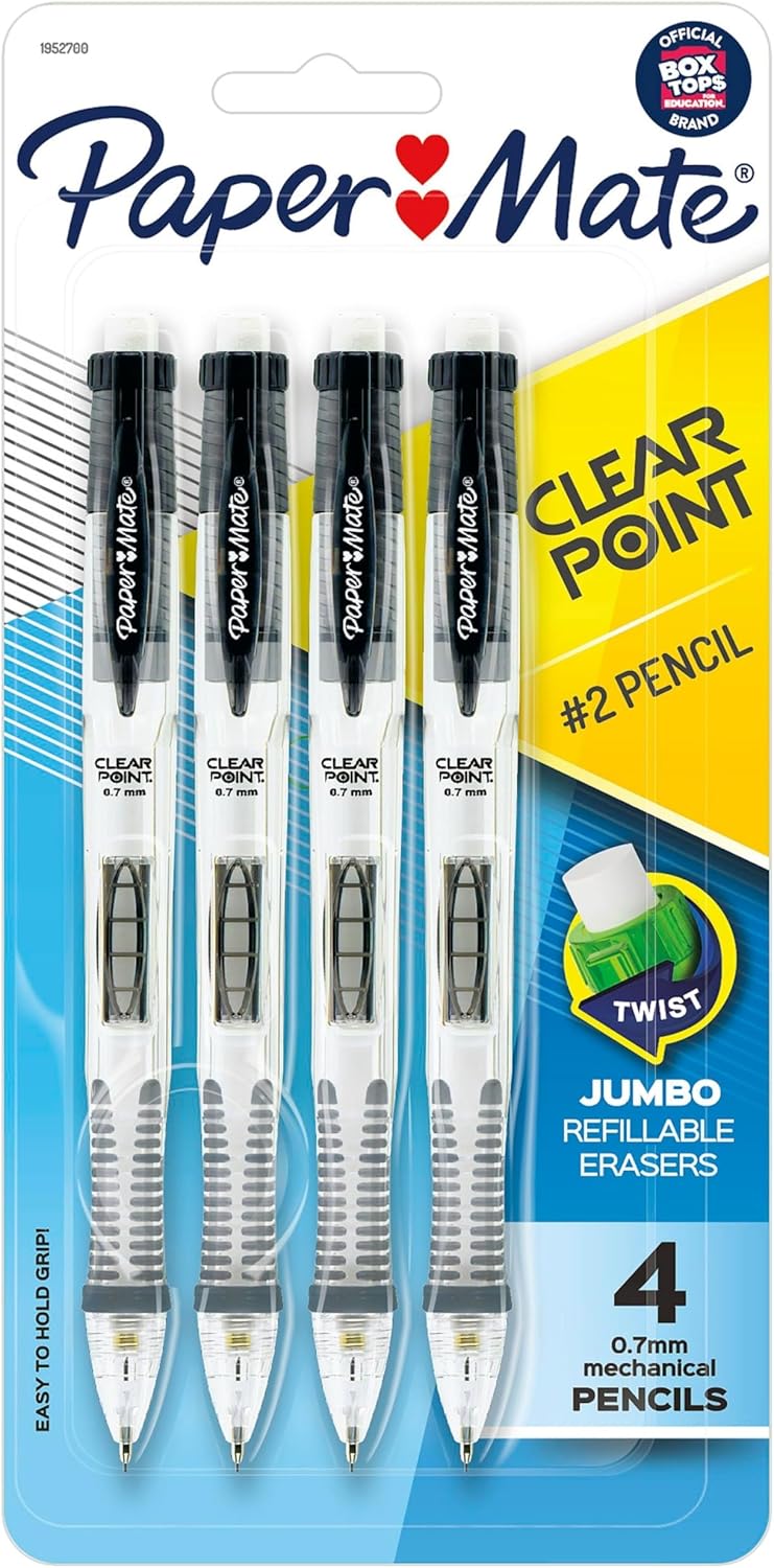 Paper Mate Clearpoint Mechanical Pencils 0.7mm, HB #2 Pencil Set, Art Supplies, Teacher Supplies, Sketching Pencils, Drafting Pencils, College School Supplies, Black Barrels, 4 Count