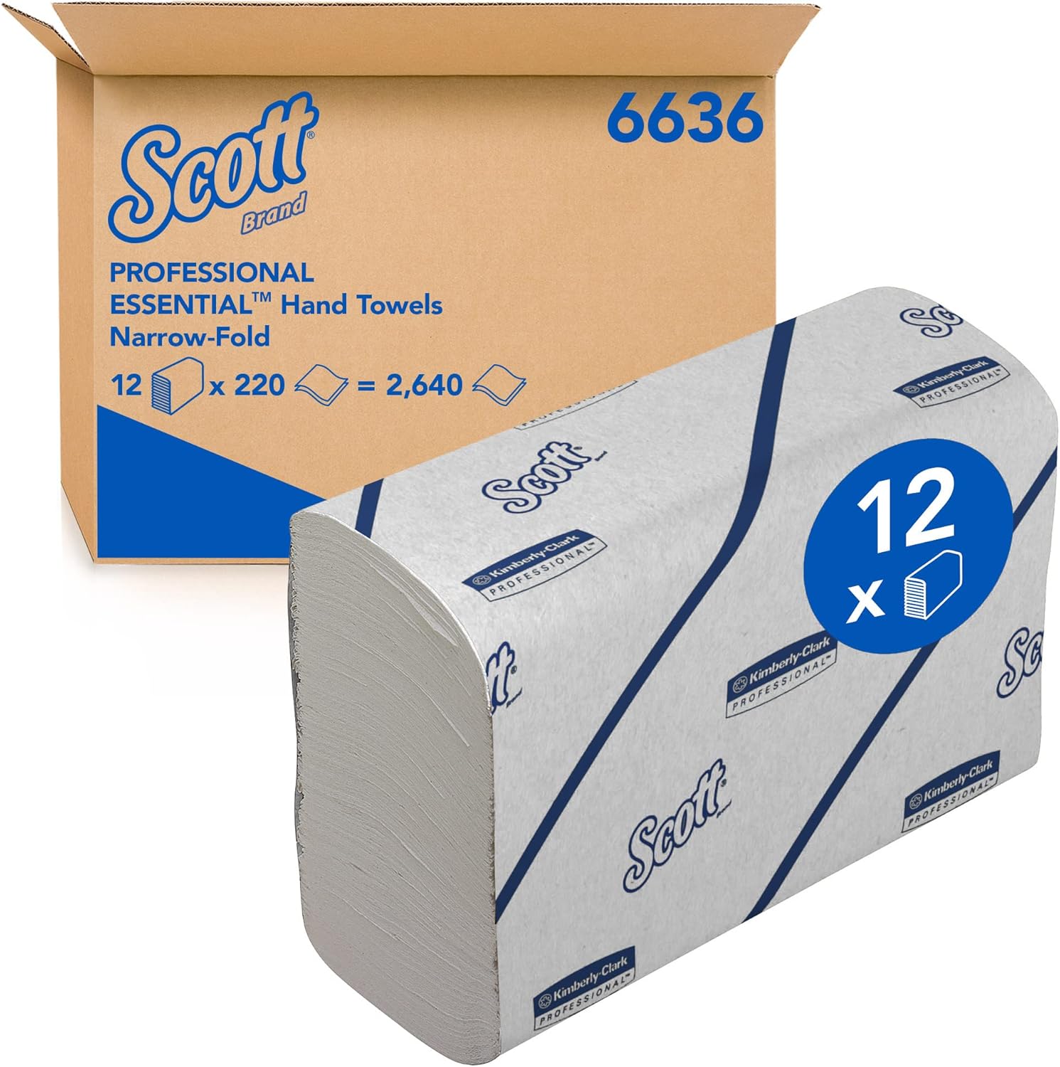 Scott Essential Hand Towels 6636, Narrow Fold White Paper Towels for Bathroom, Soft, Strong, Eco-Friendly, Highly Absorbent, 12 Clips x 220 N-Fold Paper Sheets (2,640 Sheets Total)