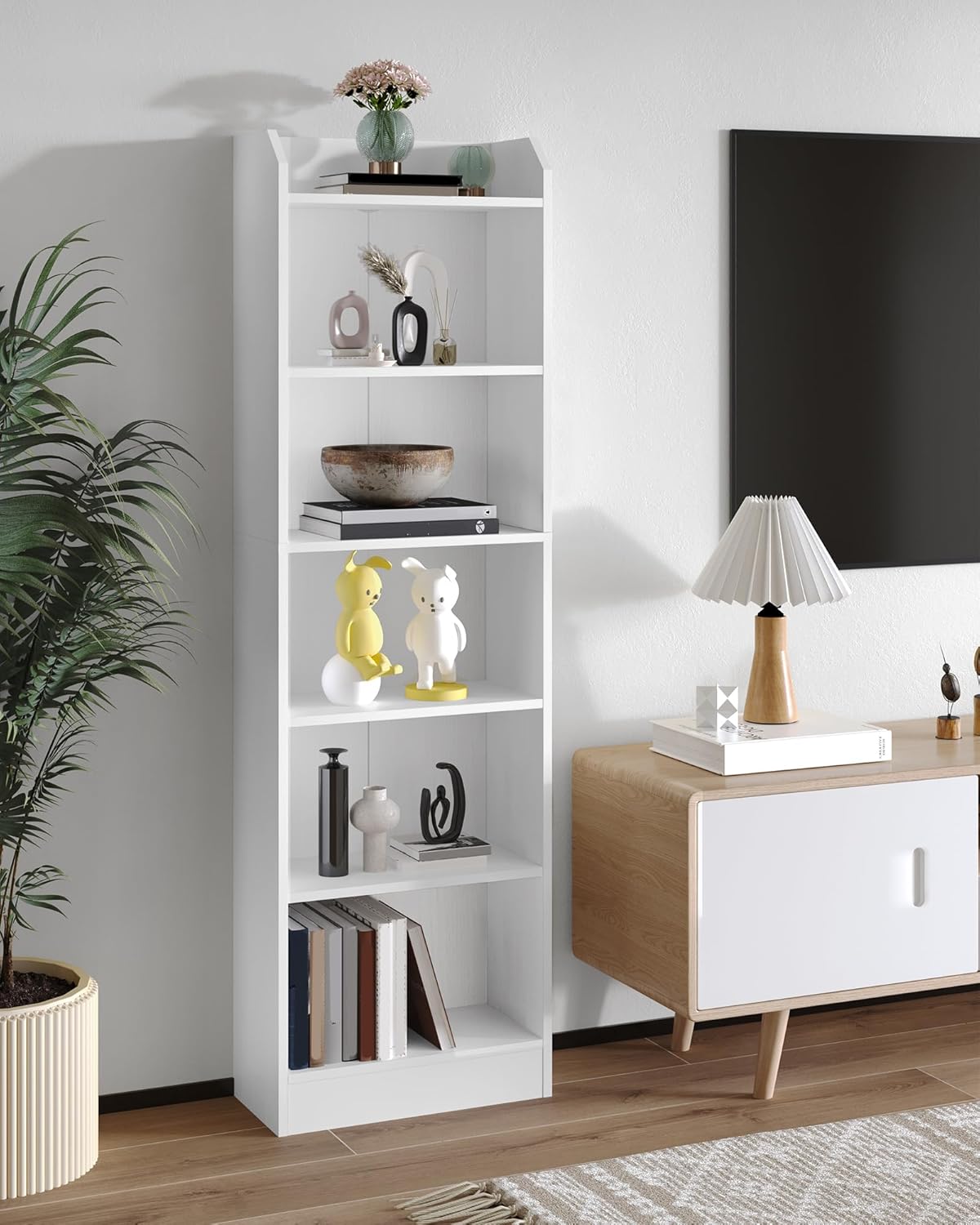 Hzuaneri Bookcase, 6-Tier Narrow Tall Bookshelf, White Wooden Bookshelf with Adjustable Shelf,Open Storage Shelf for Bedroom, Living Room, Home Office,24 x 48 x169.5cm White, 02903XBC