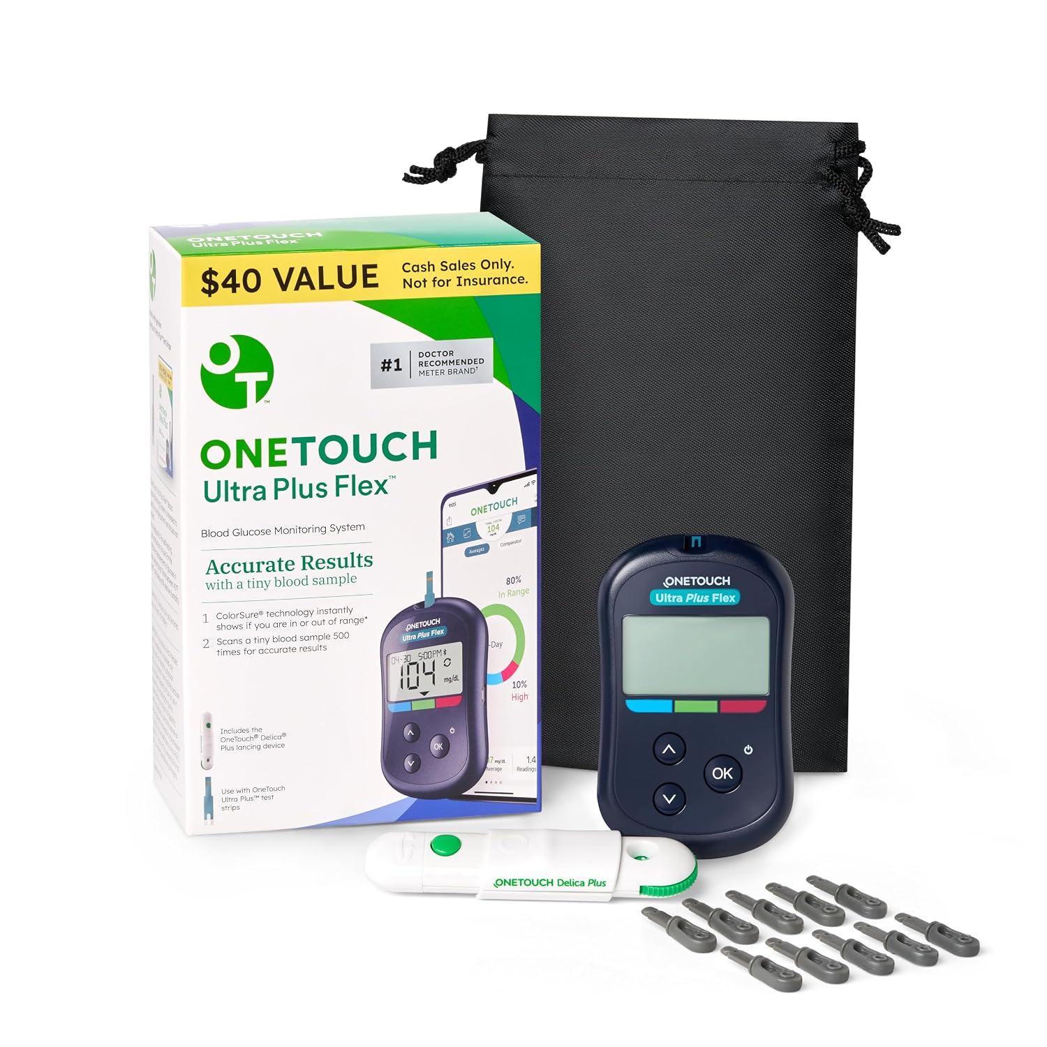 OneTouch Ultra Plus Flex Bonus Kit - Includes Ultra Plus Flex Blood Glucose Meter, 10 Lancets, Lancing Device & Carrying Pouch - Diabetes Care Supplies