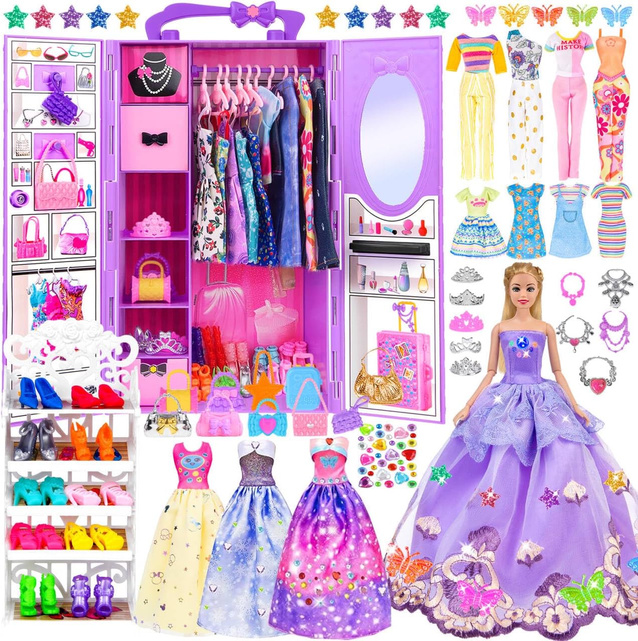 91pcs 11.5 Inch Girl Doll With Clothes, Accessories and Closet - Princess Gowns, Fashion Dresses, Outfits, Swimsuits, Shoes, Hangers - Dress Up Toys for Girls, Kids, Toddlers (Doll Included)
