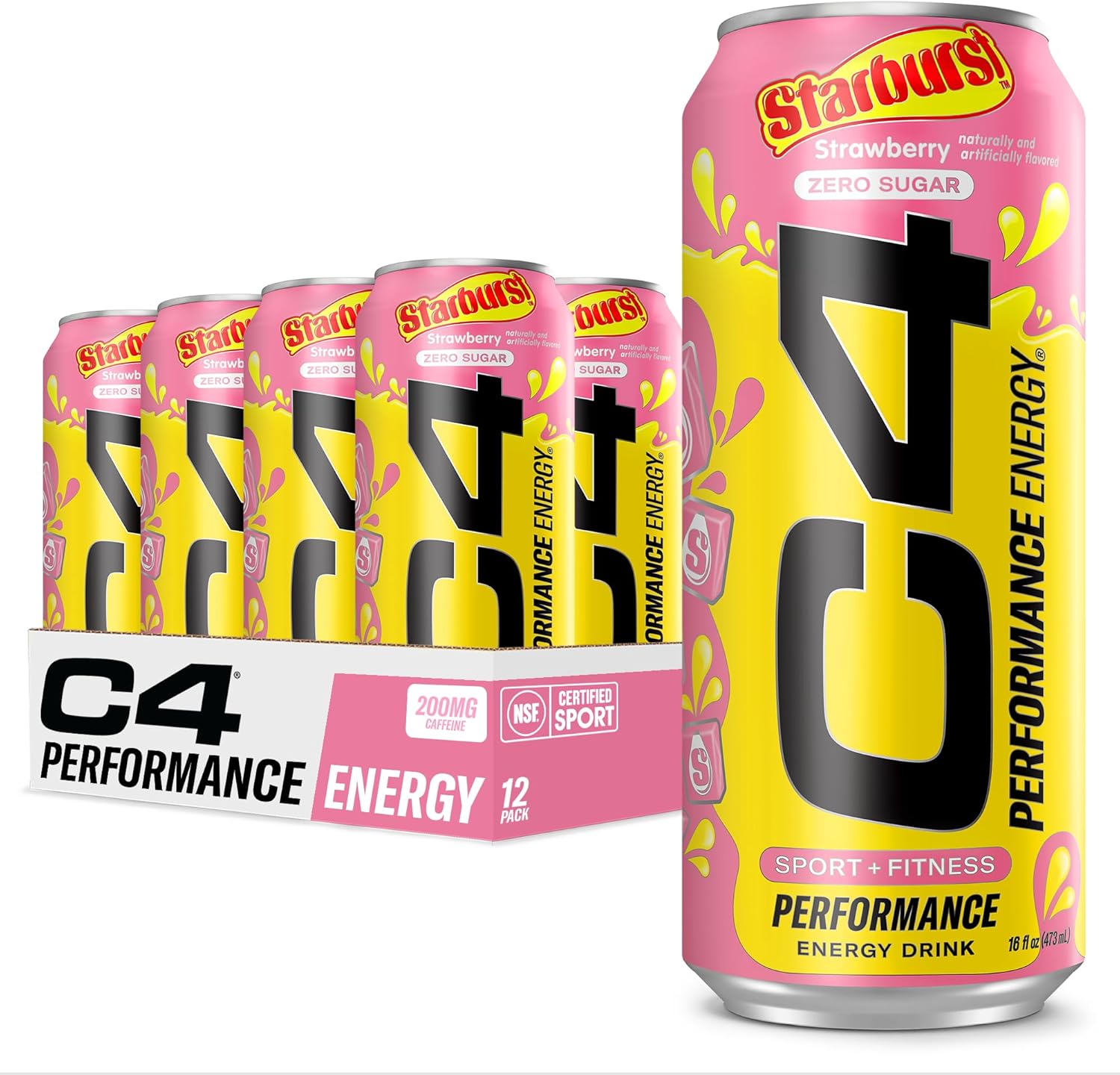 Cellucor C4 Performance Energy Drink | STARBURST Strawberry | Zero Sugar Carbonated Preworkout Energy | 200mg Caffeine with Beta Alanine | 16 Fl Oz (12 Pack)