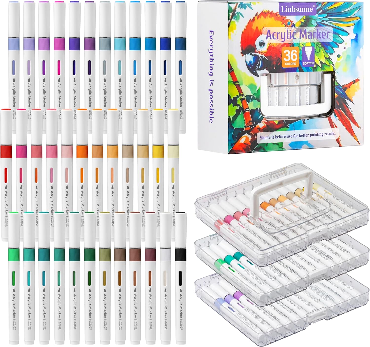 Linbsunne Paint Markers for Book Drawing, Coloring Illustrations, Ceramics, Card making, Note taking Planner,Set of 36 colors, Lakegreen GM602