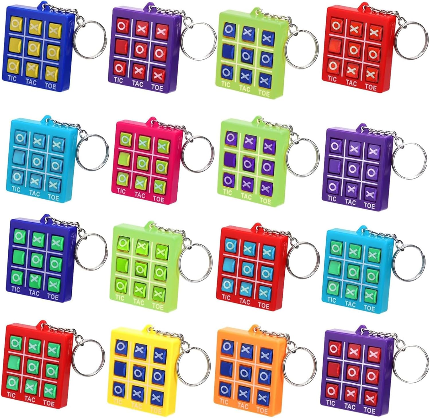 ELLECILA 16 Pieces Tic Tac Toe Game, THREE Wins Keychain, Portable Tic Tac Game Toy Retro Mini Games for Kids for Parties, Birthday Gifts, Class Prizes (Red, Green, Yellow, Purple)