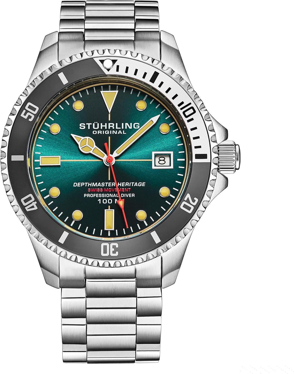 Stuhrling Depthmaster Heritage Diver Swiss Quartz Watch, 42mm, Teal Dial, Stainless Steel, 100M Water Resistant