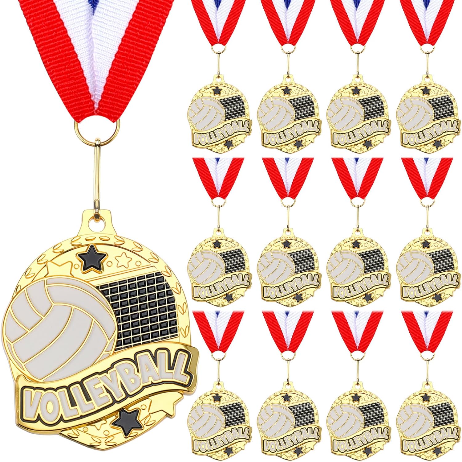 12 Pcs Gold Award Medals Bulk 2.2 Inch Basketball Volleyball Royal Dance Softball Metal Medals with Neck Ribbons Metal Trophy Award Prize Gifts for Tournaments Sports Competitions