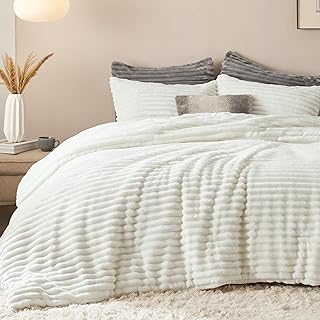 Bedsure Fluffy Comforter Set Queen - Super Soft Faux Fur Bed Set Cream White, Winter Warm Plush Fleece Bedding, 3 Pieces, 1 Shaggy Fuzzy Queen Size Comforter with 2 Pillowcases