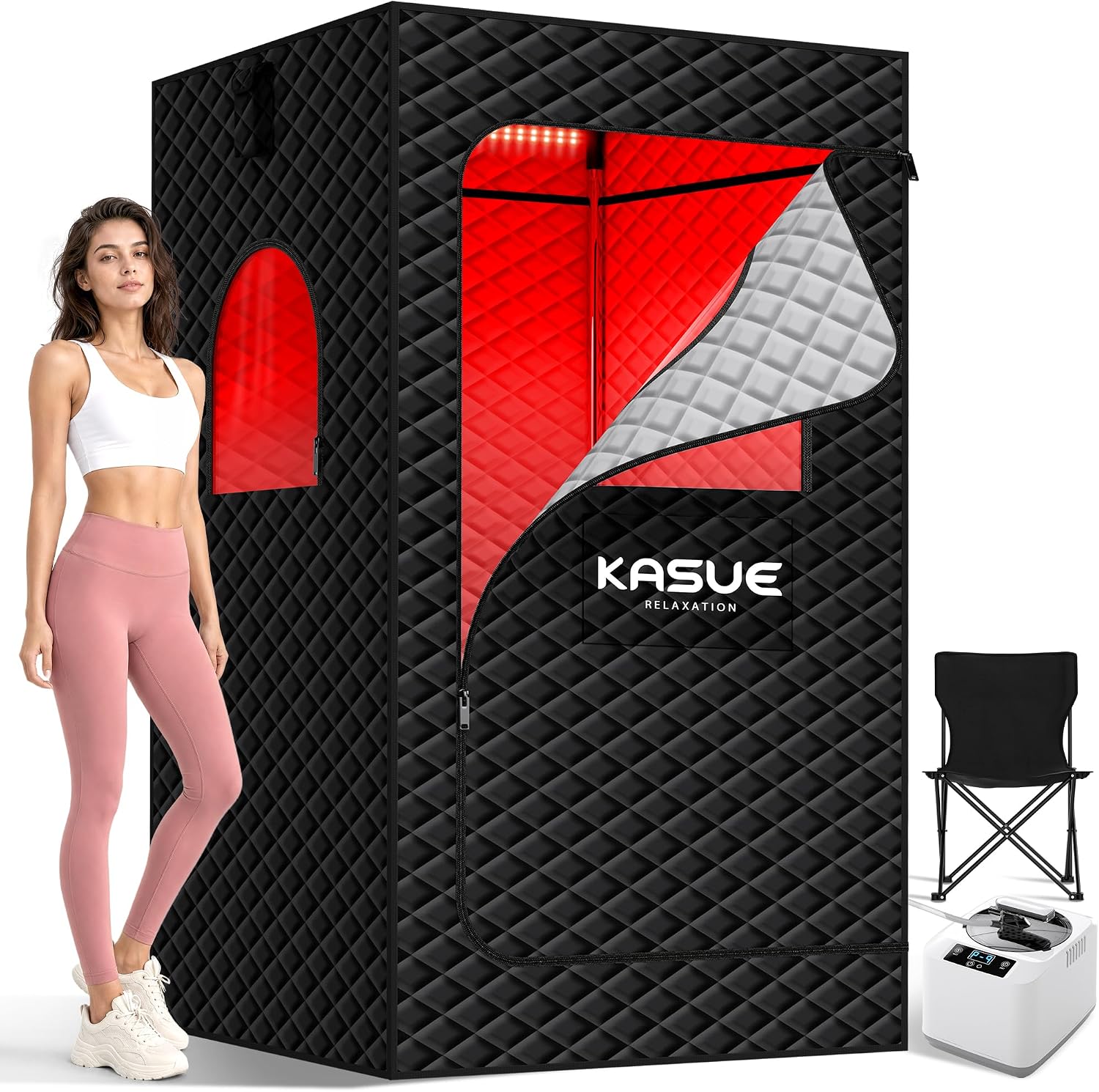 KASUE Infrared Sauna Tent for Home, Portable Steam Sauna with 3L Steamer, 9 Temp Levels, 99 Min Timer, Remote Control, 5-Layer Waterproof Insulated Fabric, Folding Chair, Indoor Personal Spa