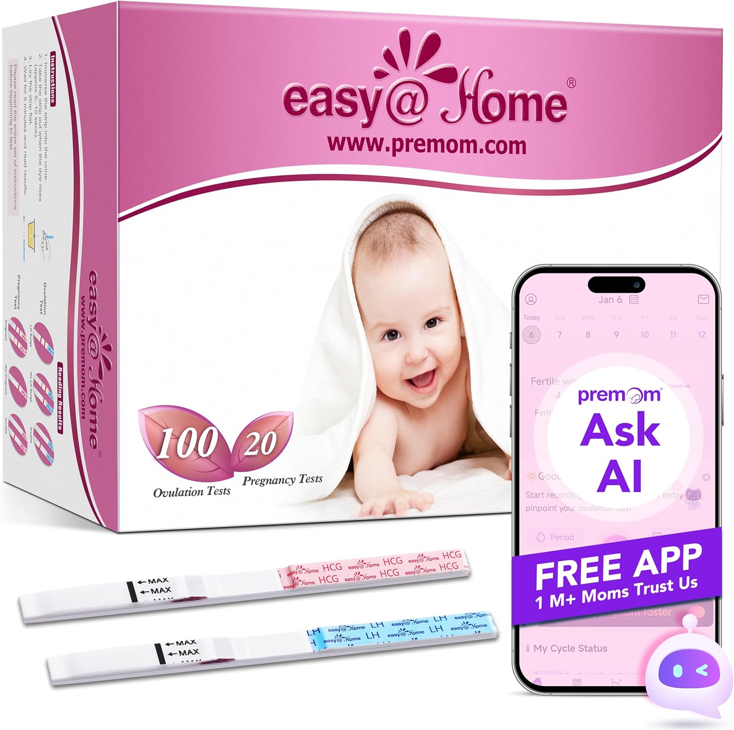 Easy@Home Ovulation & Pregnancy Test Strips Kit: 100 Ovulation Tests 20 Pregnancy Tests Powered by Premom Ovulation APP | 100LH + 20HCG