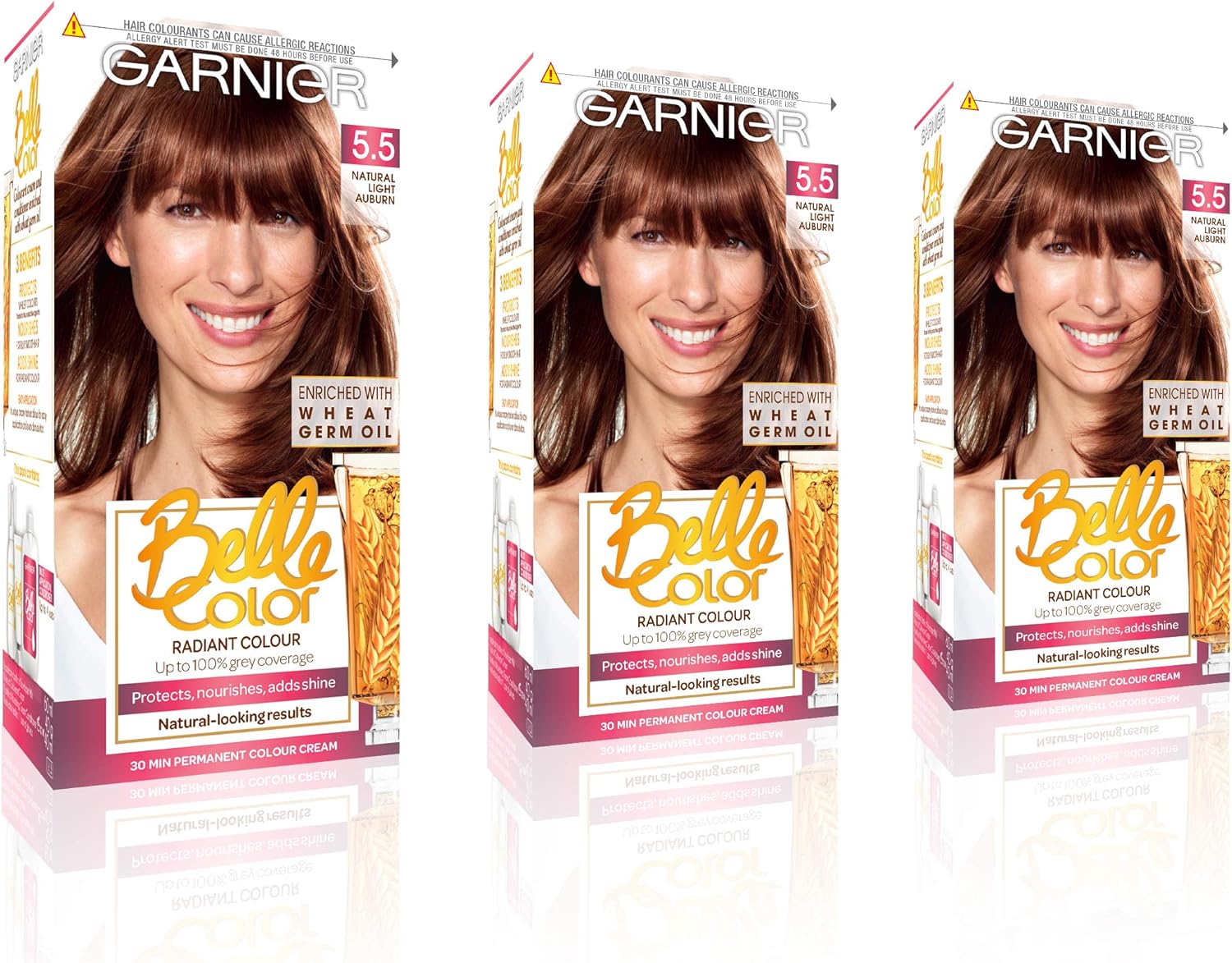 Garnier Belle Color Red Hair Dye Permanent, Natural looking Hair Colour, up to 100% grey coverage - 5.5 Natural Light Auburn Pack of 3