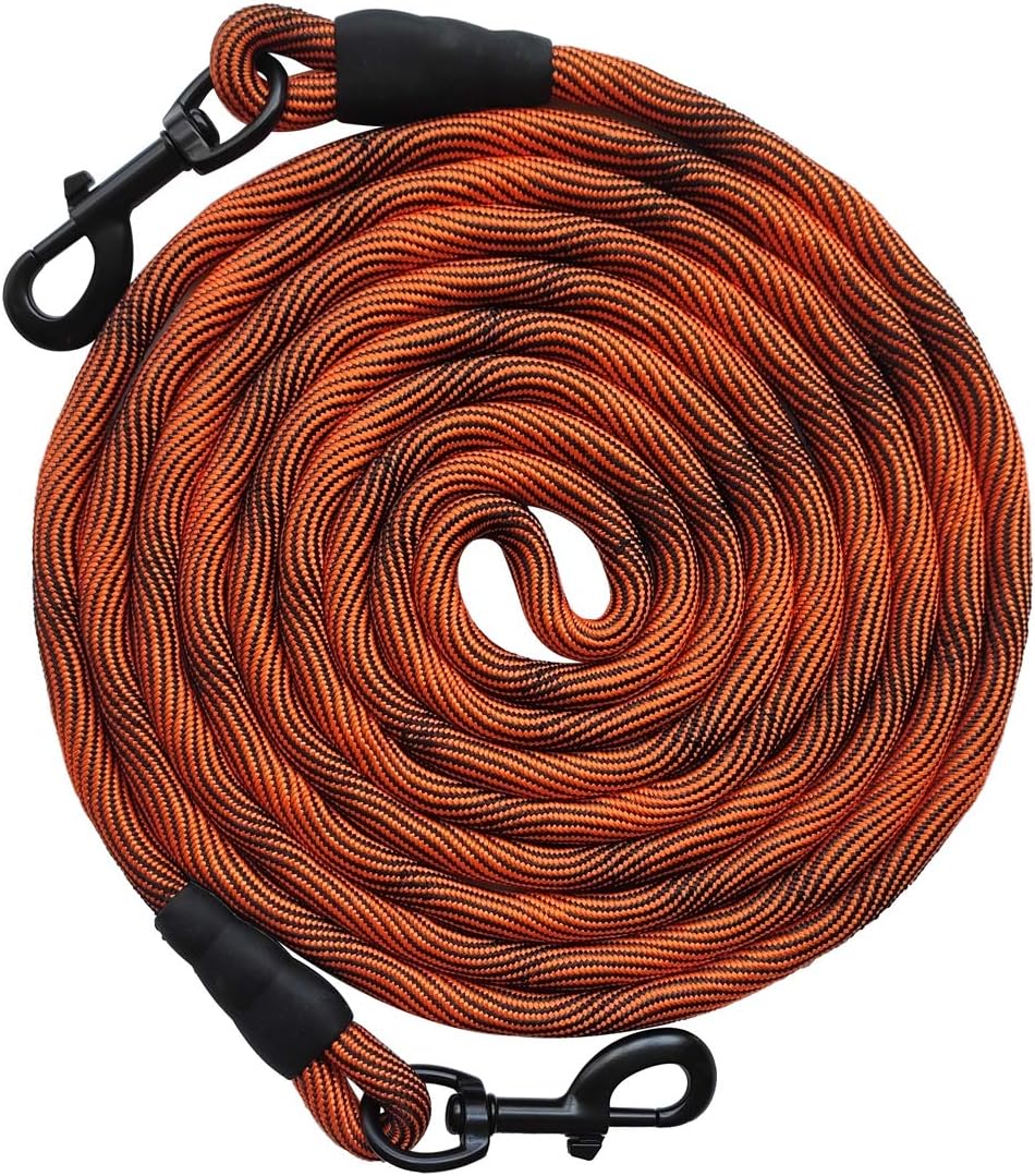 BTINESFUL Tie-Out Check Cord Long Rope Dog Leash, 8ft 12ft 20ft 30ft 50ft Recall Training Lead Leash- Great for Large Medium Small Dogs Training, Playing, Camping, or Backyard (20ft, Orange Black)