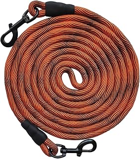 BTINESFUL Tie-Out Check Cord Long Rope Dog Leash, 8ft 12ft 20ft 30ft 50ft Recall Training Lead Leash- Great for Large Medium Small Dogs Training, Playing, Camping, or Backyard (20ft, Orange Black)