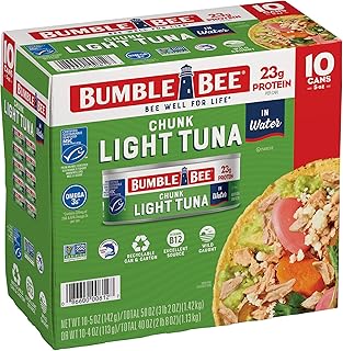 Bumble Bee Chunk Light Tuna In Water, 5 oz Cans (Pack of 10) - Wild Caught Skipjack Tuna - 23g Protein Per Serving - MSC Certified Sustainable Seafood, Non-GMO, Gluten Free, Kosher