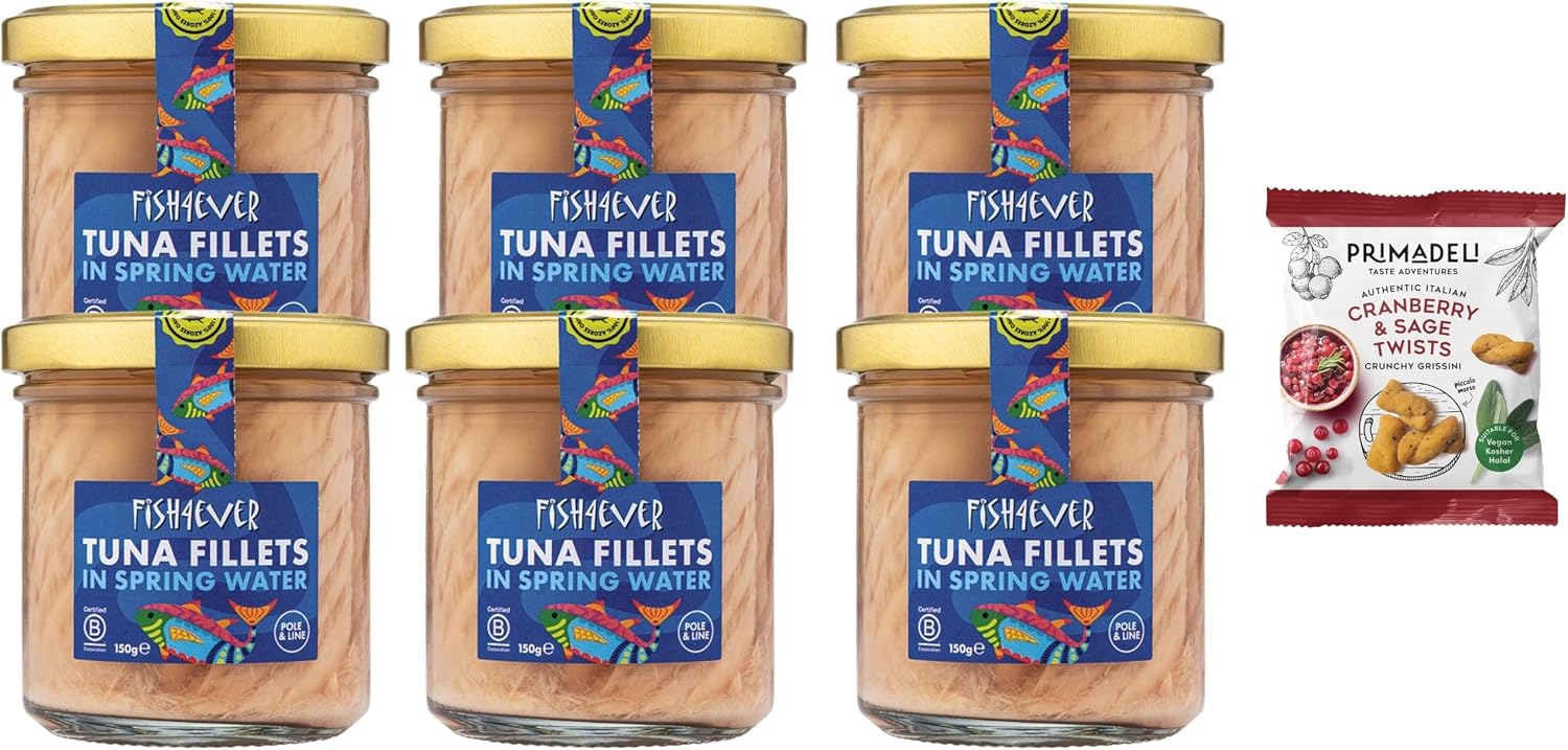 Fish 4 Ever Skipjack Tuna Fillets In Water 150g (Pack of 6) + Primadeli Snack - Sustainably Fished. Canned Glass Jar Food Rich In Omega-3. Great Used In Salads, Making Sandwich Spreads