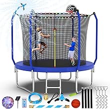 Upgraded 8FT/10FT/12FT/14FT Trampoline, Outdoor Trampoline with Basketball Hoop, Backyard Trampoline with Light, Sprinkler, Stakes, Capacity for 4-6 Kids and Adults
