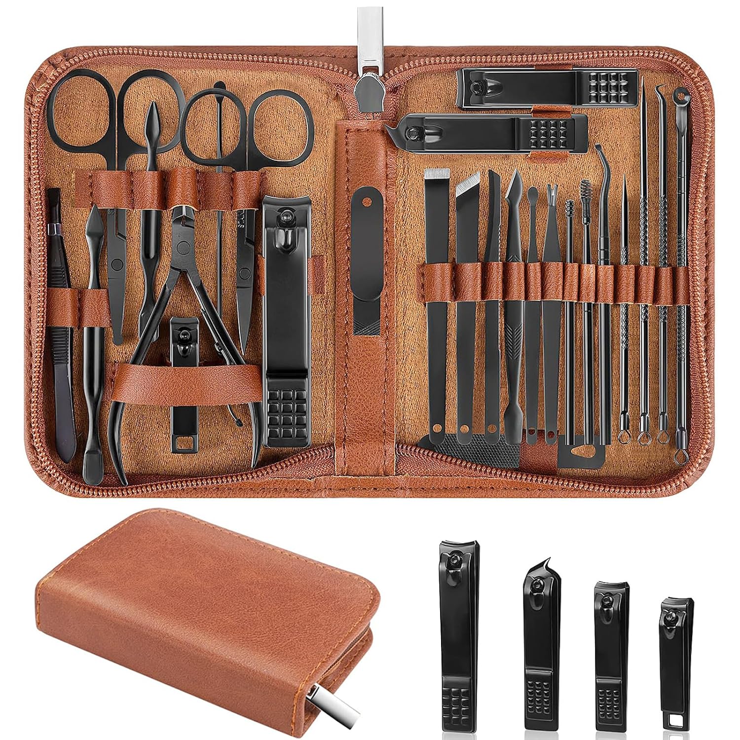 26Pcs Manicure Nail Clipper Set for Men Women Gift, Brown Case