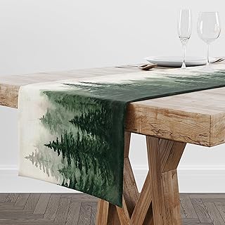 Green Forest Pine Trees Table Runner,Woodland Tabletop Scarf Home Holiday Kitchen Dining Table Decoration for Home Party Decor,(13x36) 1 Piece