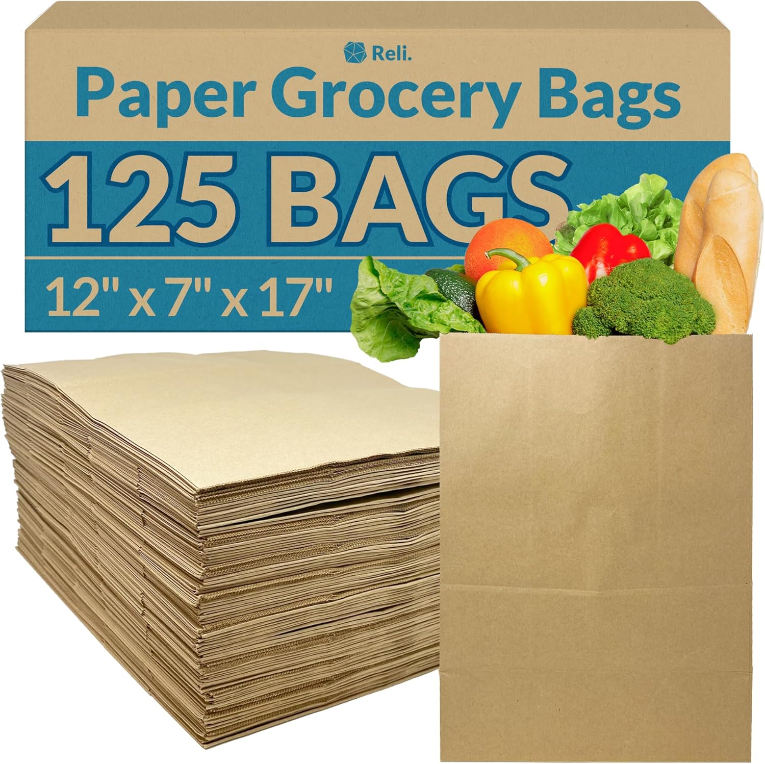 Reli. Paper Grocery Bags (125 Pcs Bulk) (12x7x17) 70 Lbs Basis, Extra Heavy Duty | Brown Paper Bag, Large Paper Grocery Bags/Kraft Paper Sacks -Takeout Bags/Restaurant, Retail, Shopping Bags