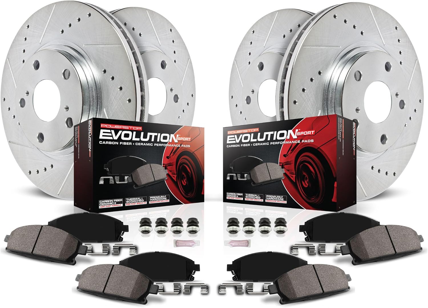 Power Stop K840 Front and Rear Z23 Carbon Fiber Brake Pads with Drilled and Slotted Brake Rotors Kit For 1999 2000 2001 2002 2003 2004 2005 VW Jetta