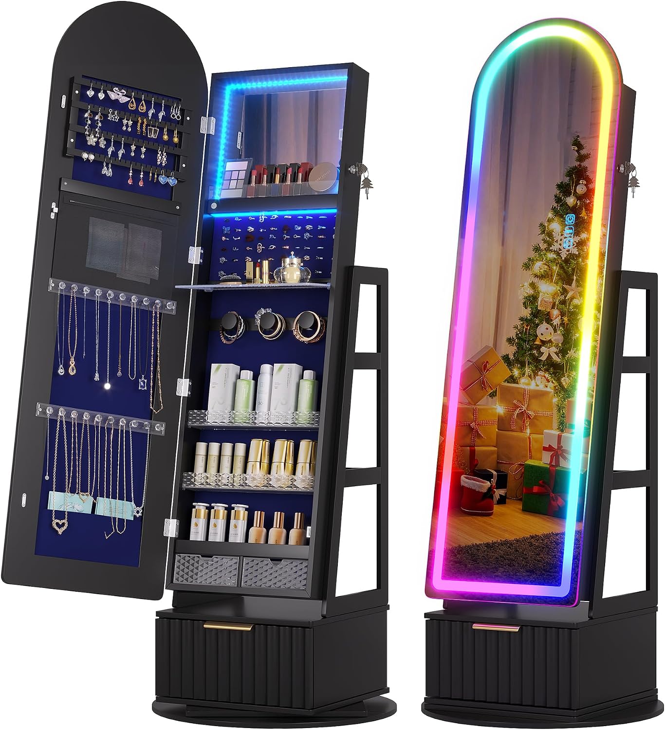 Dystler Arched Jewelry Cabinet with RGB Full-Length Mirror and Storage