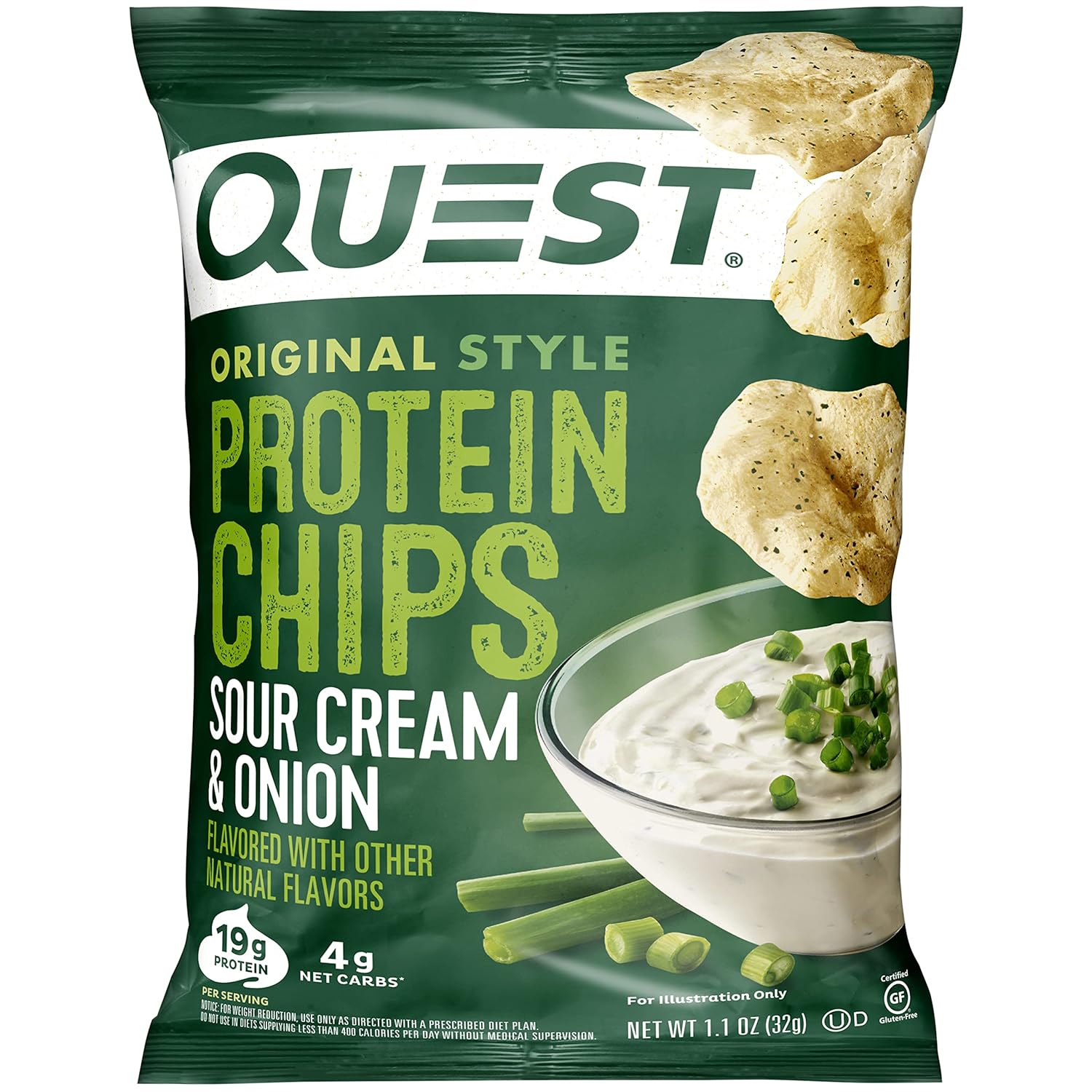 Quest Nutrition Sour Cream & Onion Protein Chips, 19g Protein, 4g Net Carbs, Low Carb, Gluten Free, 1.1 oz (Pack of 12)