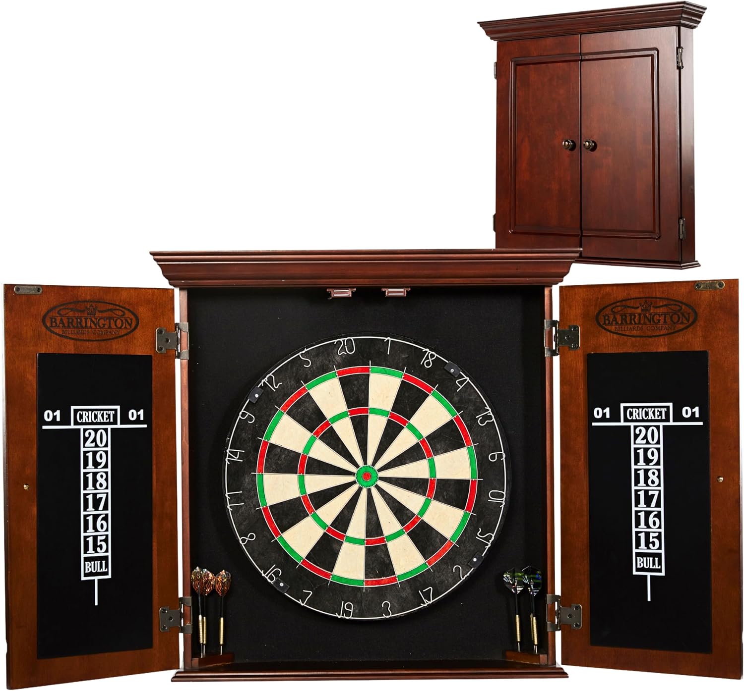 Barrington Dartboard Multiple Styles Pre-Assembled Wood Dartboard Cabinet Collection with 18” Bristle Dartboard & Steel Tip Dart Set, Perfect for Cricket Games