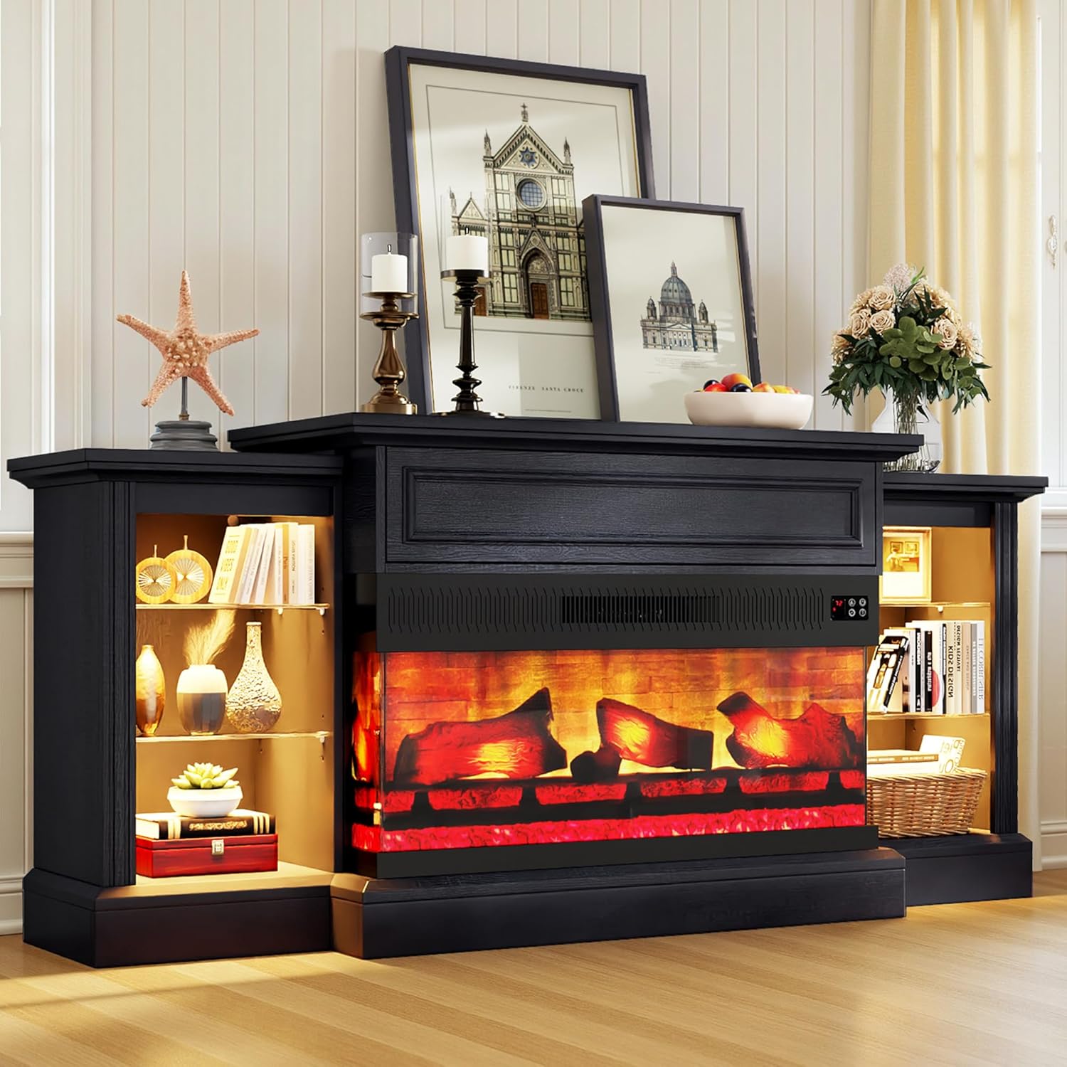 VanAcc 60" Farmhouse Electric Fireplace with Mantel, 3-Side Fireplace TV Stand for TVs up to 65", Entertainment Center Table for Living Room, Antique Black