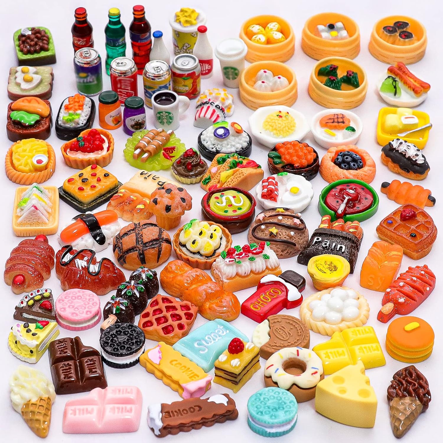 80 Pieces Mini Food Drinks Bottle Toys Pretend Food for Dollhouse Kitchen Accessories Mini Play Resin Food Toys