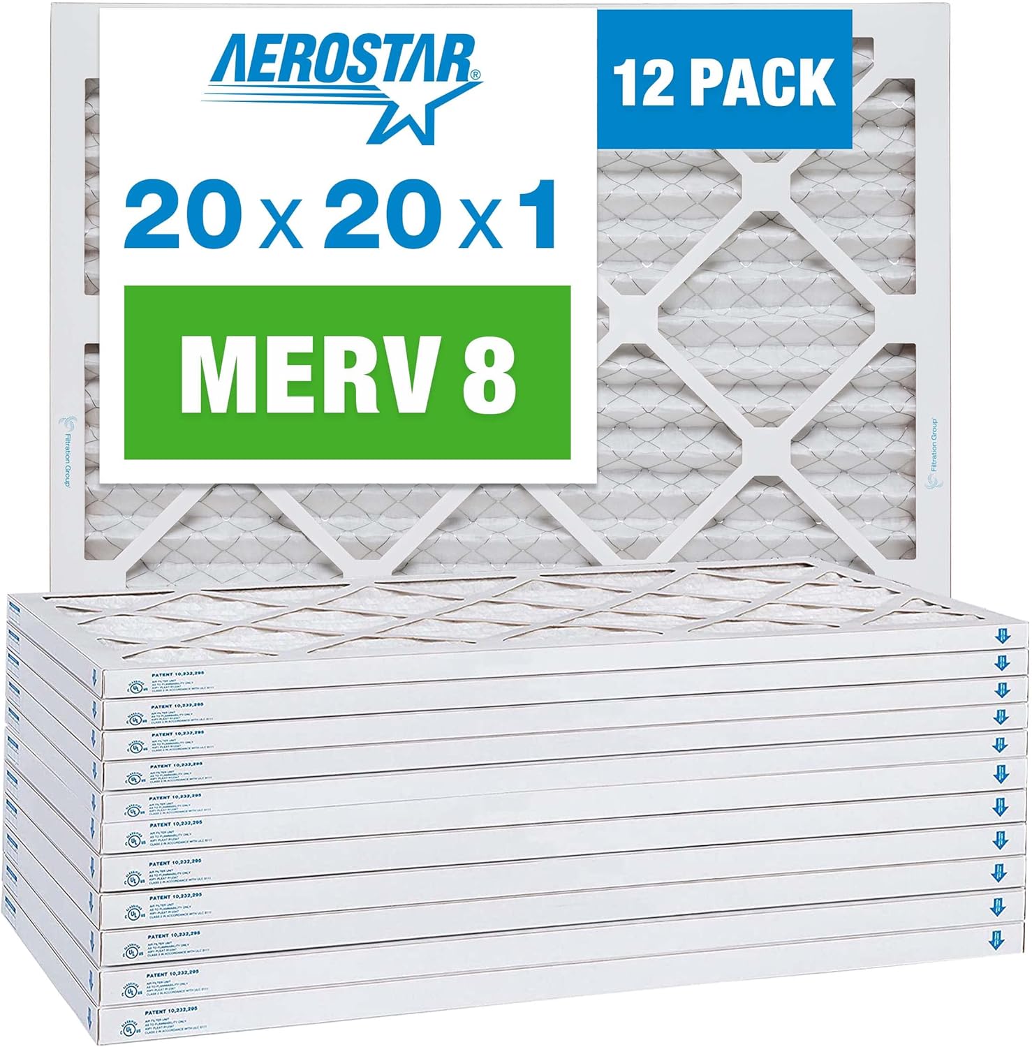Aerostar 20x20x1 Air Filter MERV 8 (For Allergies, Dust, Lint, Mold & Pet Dander) - Electrostatic MPR 600 & FPR 5 - Pleated HVAC AC Furnace Air Filters - Pack of 12