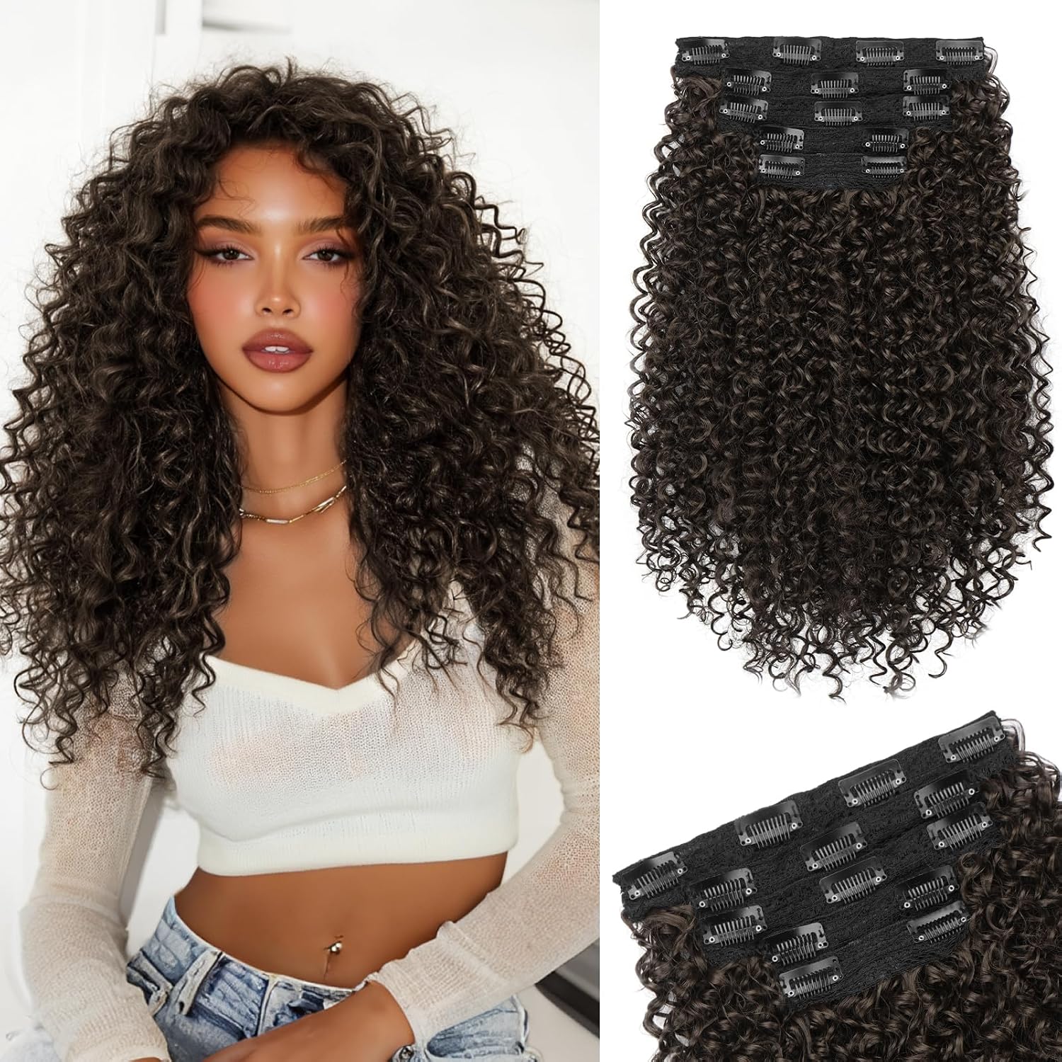 Sofeiyan 5 Pcs Curly Hair Extension,16 Inch 100％ Pure Protein Silk Clip in Hair Extensions for Women,Synthetic Kinky Hairpieces for Daily Parties Work Prom Use,Dark Chocolate Brown