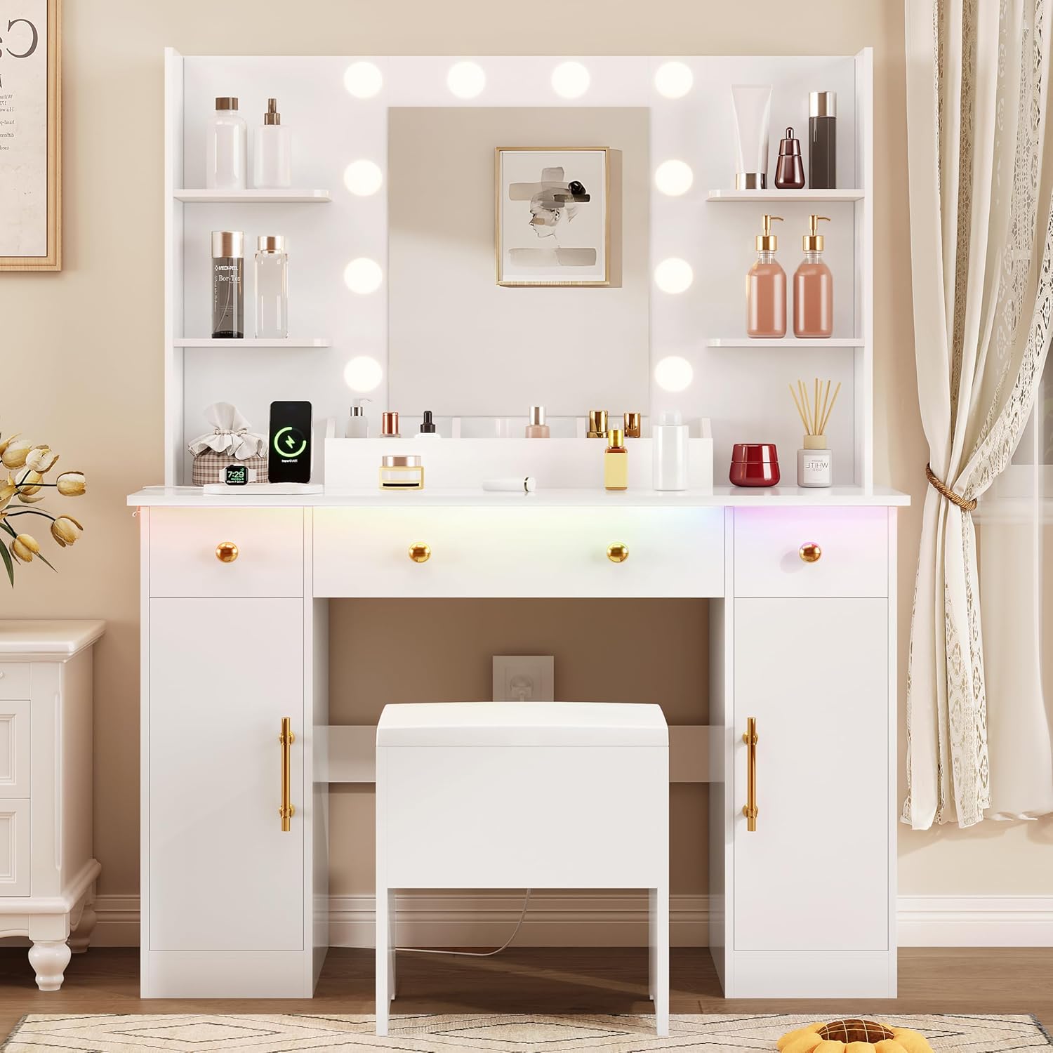 Vanity Desk with Mirror and Lights, Makeup Vanity with Charging Station & Vanity Stool, 3 Drawers and Cabinets White Vanity Mirror with RGB LED Lights Vanity Desk and Chair for Women