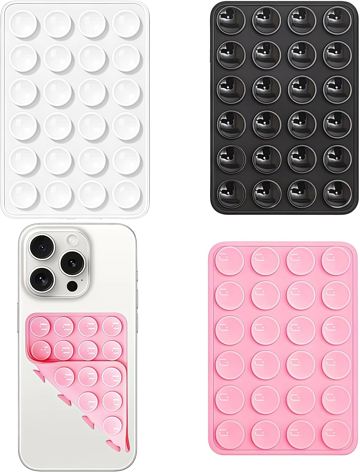 3Pack Silicone Suction Phone Case with Double Sided 24 Suction Grips Anti-Slip Hands-Free Phone Holder Sticky Pad Multipurpose Mobile Mount for Shower Mirror Wall Car Selfies Videos (Black White Pink)