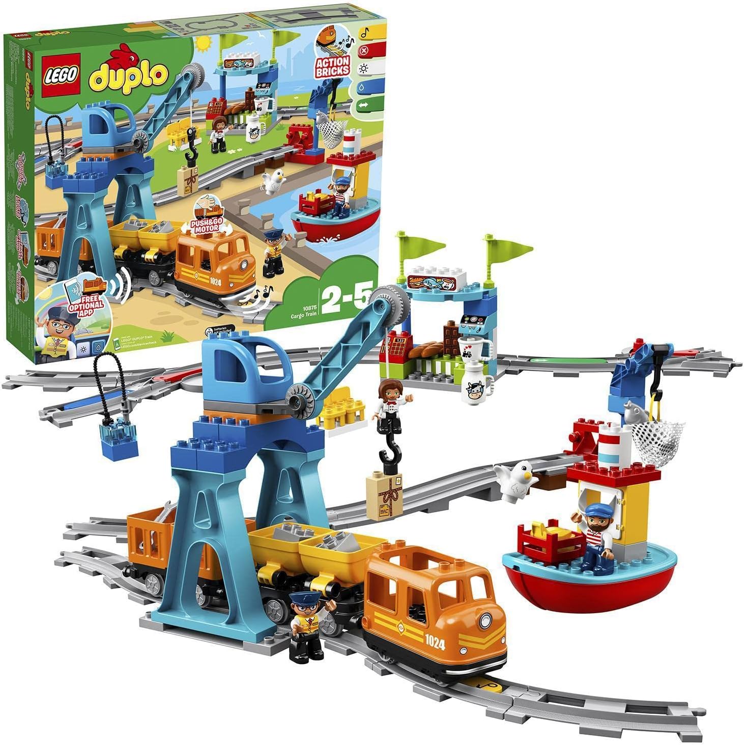 LEGO DUPLO Town Cargo Train Set with Sound & Light, Direction & Stop Action Bricks, Push & Go Motor and Moving Crane Toy, Gifts for 2-5 Year Old Kids, Boys & Girls 10875