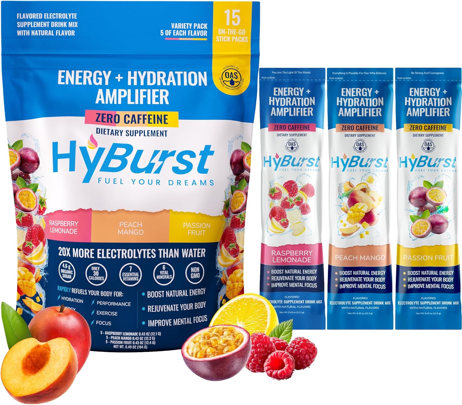 Energy + Hydration Amplifier — Multivitamin Electrolytes Powder Packets — Vitamin D3 K2 — B6 B12 Vitamins Complex — L-Theanine Caffeine Free Energy Drink Powder — 15 Hydration Packets