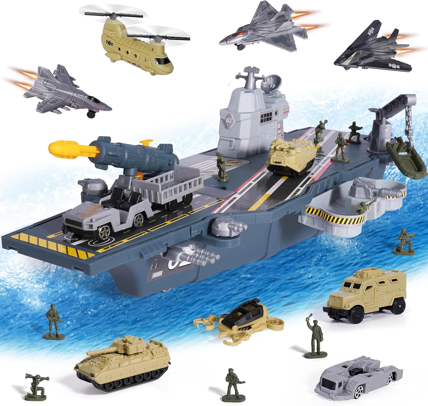 Military Aircraft Carrier Toys, Army Toys with 10 Vehicles, Fighter Jet Helicopter Tanks and Army Men Action Figures Toy for Kids Boys Girls