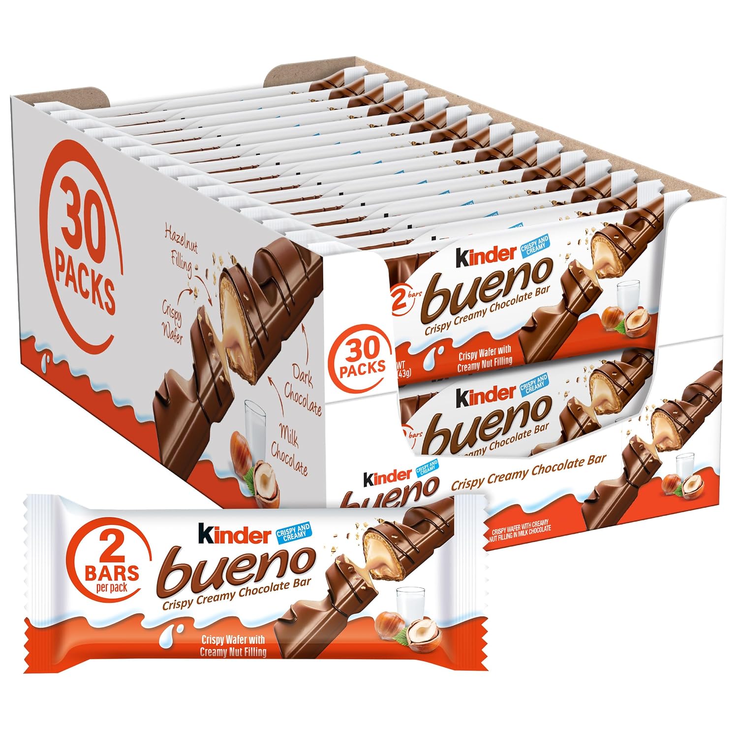 Kinder Bueno milk chocolate bars, crispy wafer hazelnut cream snacks, 30 ct