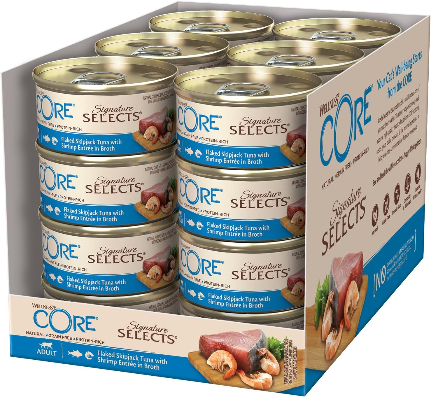 Wellness CORE Signature Selects, 24 x 79g, Flaked Skipjack Tuna & Shrimps, Wet Cat Food, Delicious Flakes in Broth, All-Natural, Grain-Free, High Meat Content, Protein-Rich, No Added Sugar