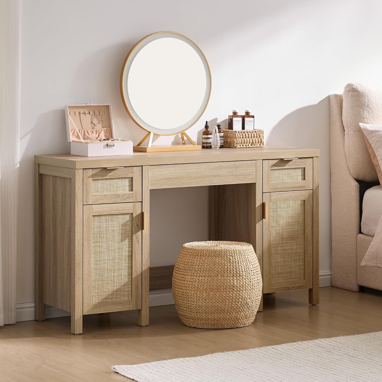 SICOTAS 52" Rattan Vanity Desk with 3 Drawers & 2 Cabinets, Vanity Table