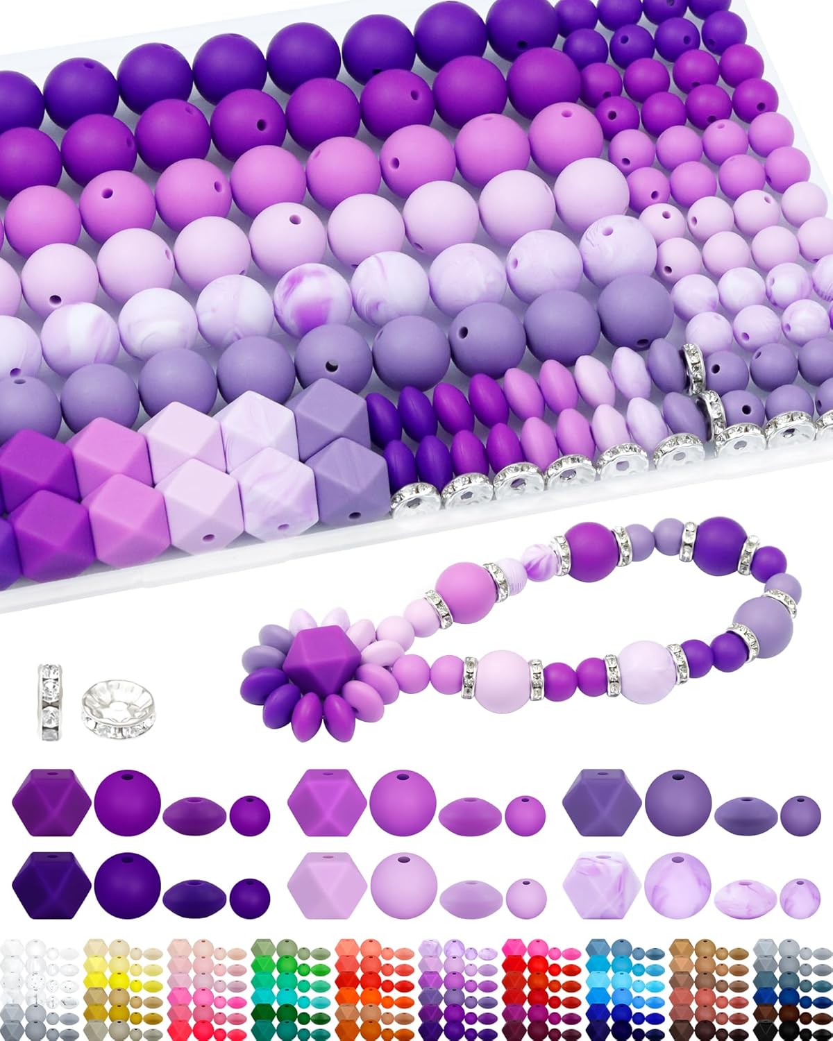 172PCS FIVEIZERO Silicone Beads for Keychain Making, 6 Mixed Colors Silicone Focal Beads Kit, 9mm & 15mm Round Lentil Hexagon Bead & Rhinestone Spacer Bead for Jewelry Making & Bracelets (Purple)