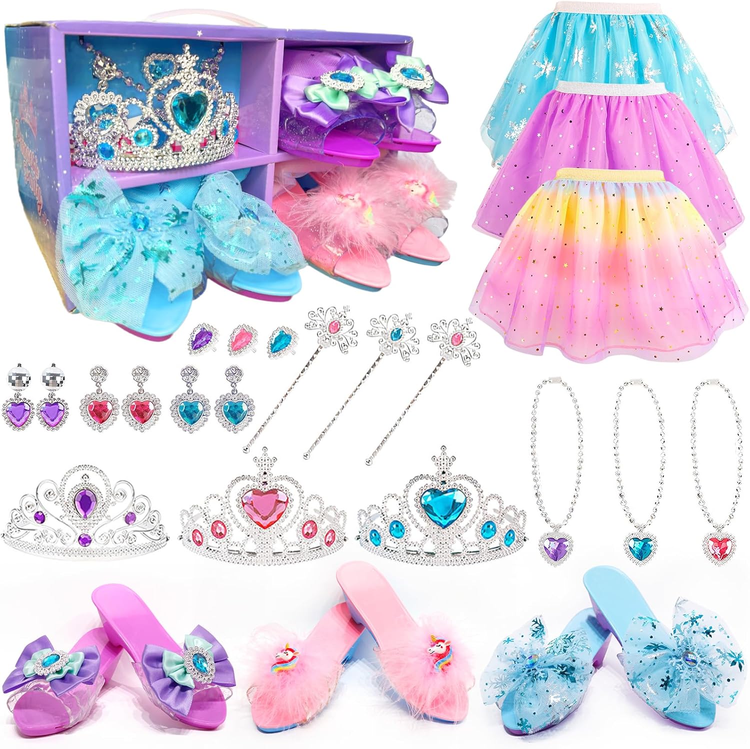 STAY GENT Princess Dress Up Toys with 3 Pairs Princess Shoes, 3 Crowns Tiaras, 3 Skirts, Kids Fancy Dress Princess Accessories for Girls Birthday Christmas Gifts