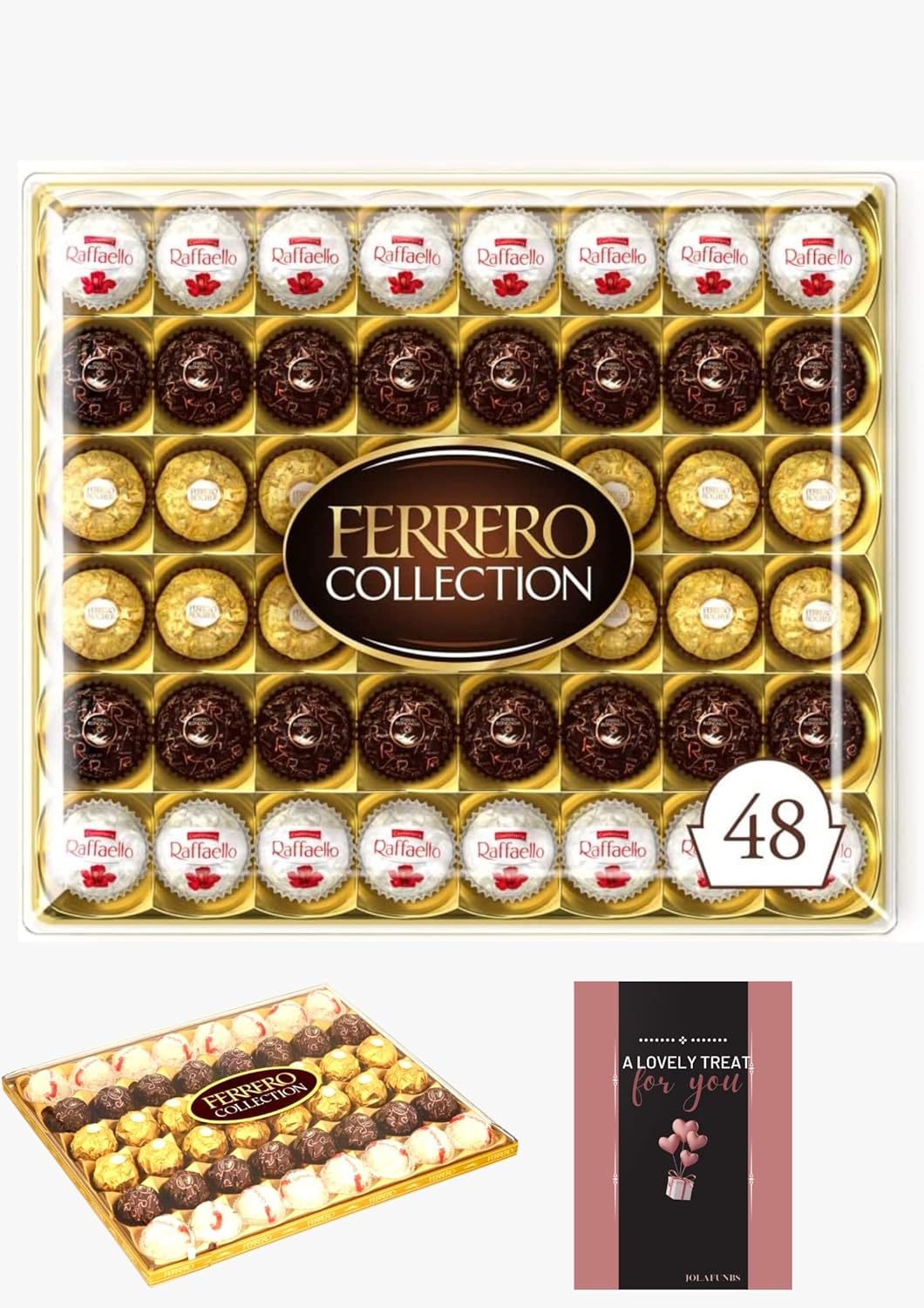 Ferrero Rocher Chocolate Gift Praline Sweets Gift Box Coconut Raffaello & Dark Chocolate Rondnoir 48(518g)& Card - Birthday Mothers Day, Fathers Day Christmas
