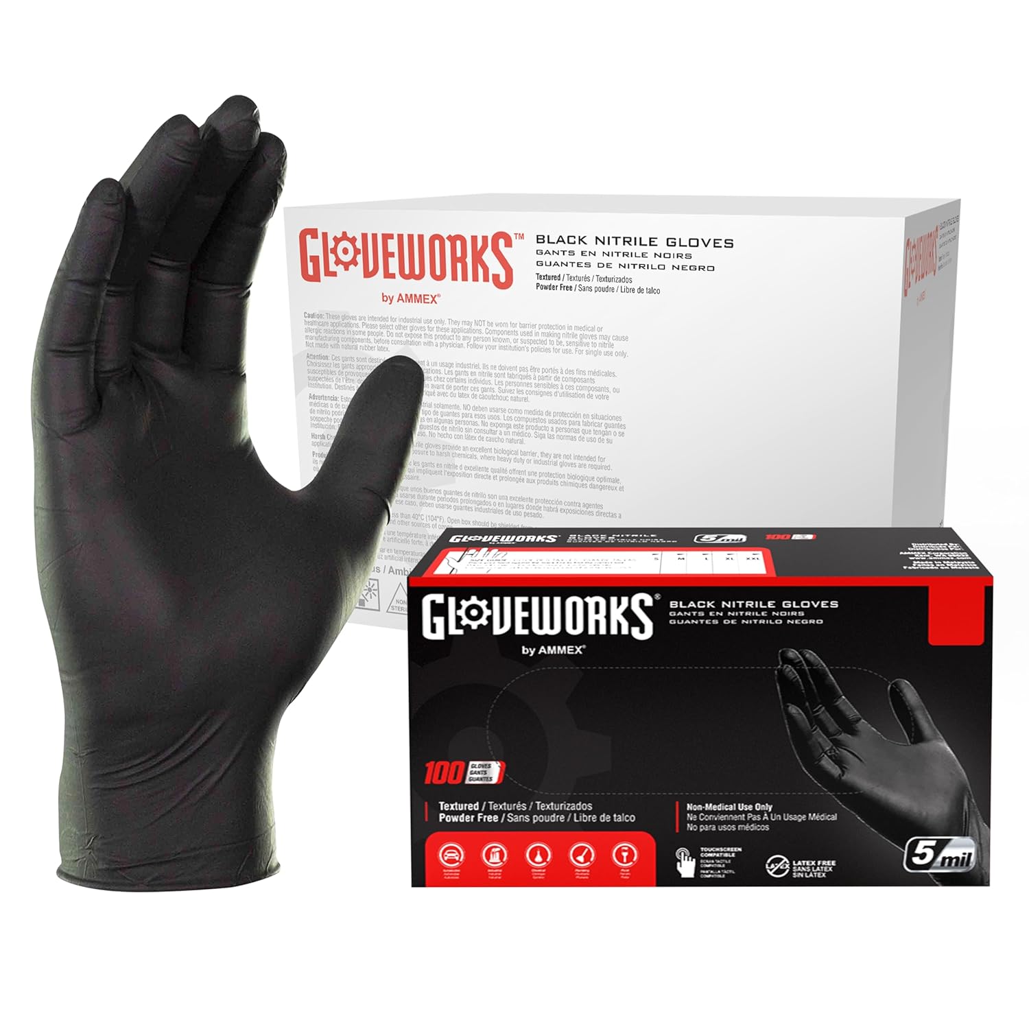 GLOVEWORKS Black Disposable Nitrile Industrial Gloves, 5 Mil, Latex & Powder-Free, Food-Safe, Textured, Large, Case of 1000