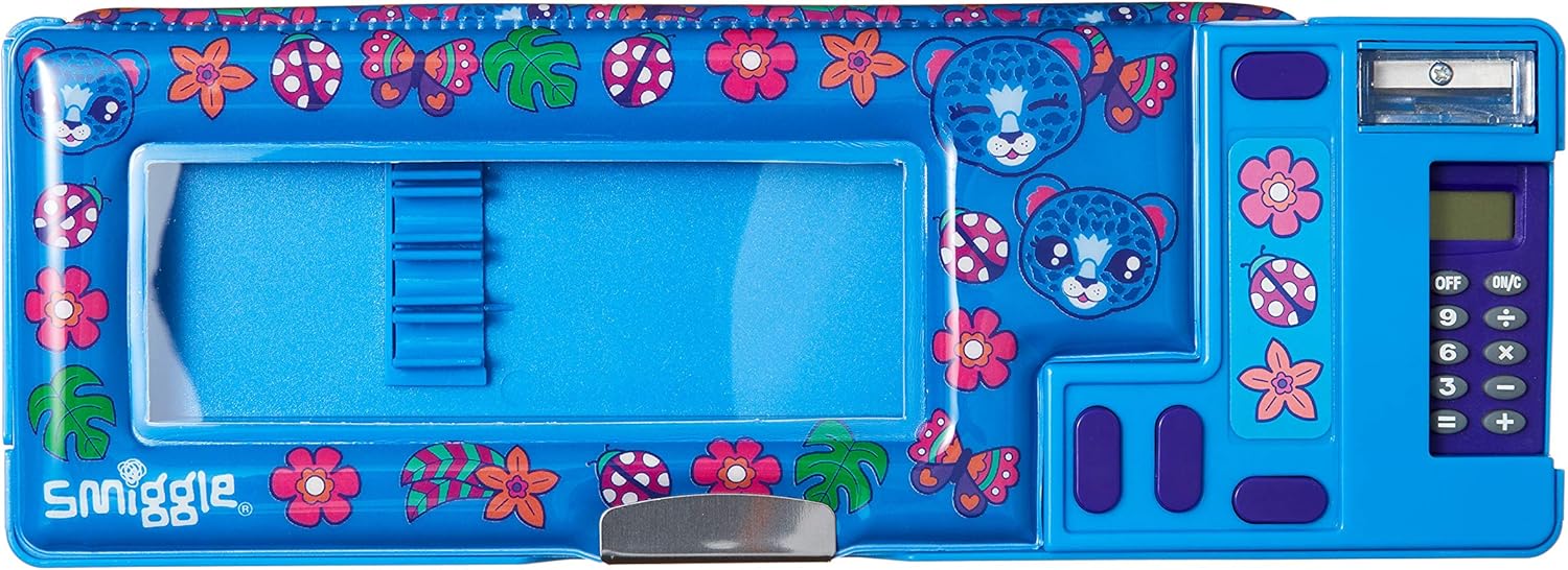 Smiggle Budz Kids Pop Out School Pencil Case for Girls & Boys with Calculator and Sharpener | Leopard Print