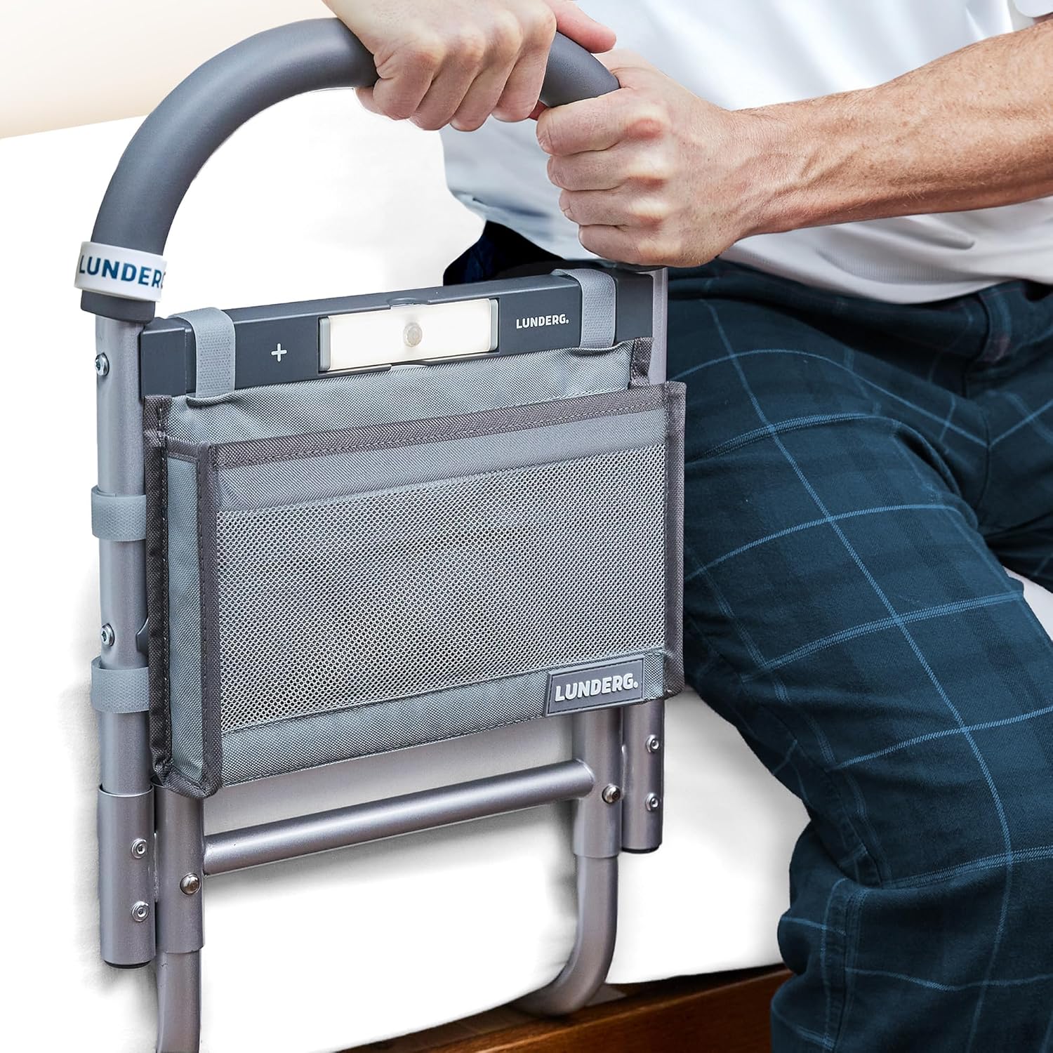 Lunderg Bed Rails for Elderly Adults Safety - with Motion Light, Storage Pocket & Non-Slip Handle Bar - Bed Railings for Seniors & Surgery Patients - The Bedside Assist Makes Getting in & Out Easier