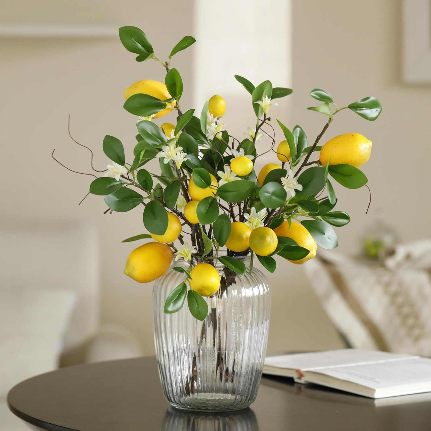 Laelfe Artificial Lemons Branches, 8 Head Faux Lemons with Stem Fake Lemon Themed for Kitchen Decoration Party Spring Summer Decor (Yellow)