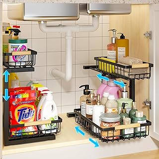 REALINN Under Sink Organizer, 2 Pack Height Adjustable Under Sink Organizers and Storage, 2 Tier Pull Out Drawer Cabinet Organizer for Kitchen Bathroom