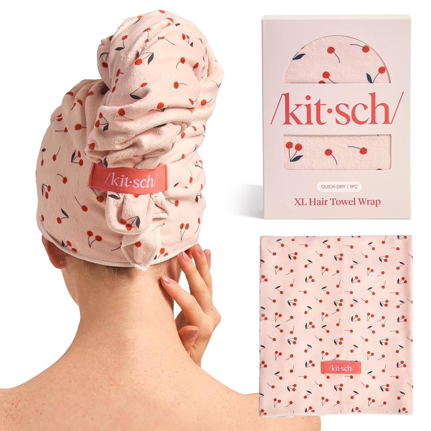 Kitsch XL Microfiber Hair Towel Wrap for Women – Ultra Absorbent Microfiber Towel for Wet, Curly, Long or Short Hair – Quick Dry, Anti-Frizz Hair Wrap – Cherry Print, 40x24 inches