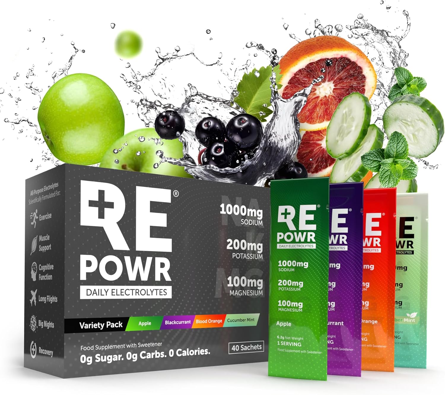 REPOWR - Electrolytes Made with Oryx Desert Salt | No Sugar. No Carbs. No Calories. | Clean Hydration for Healthy Diets, Fasting and Exercise | Natural Ingredients | 40 Sachets Variety Pack - Mix 2
