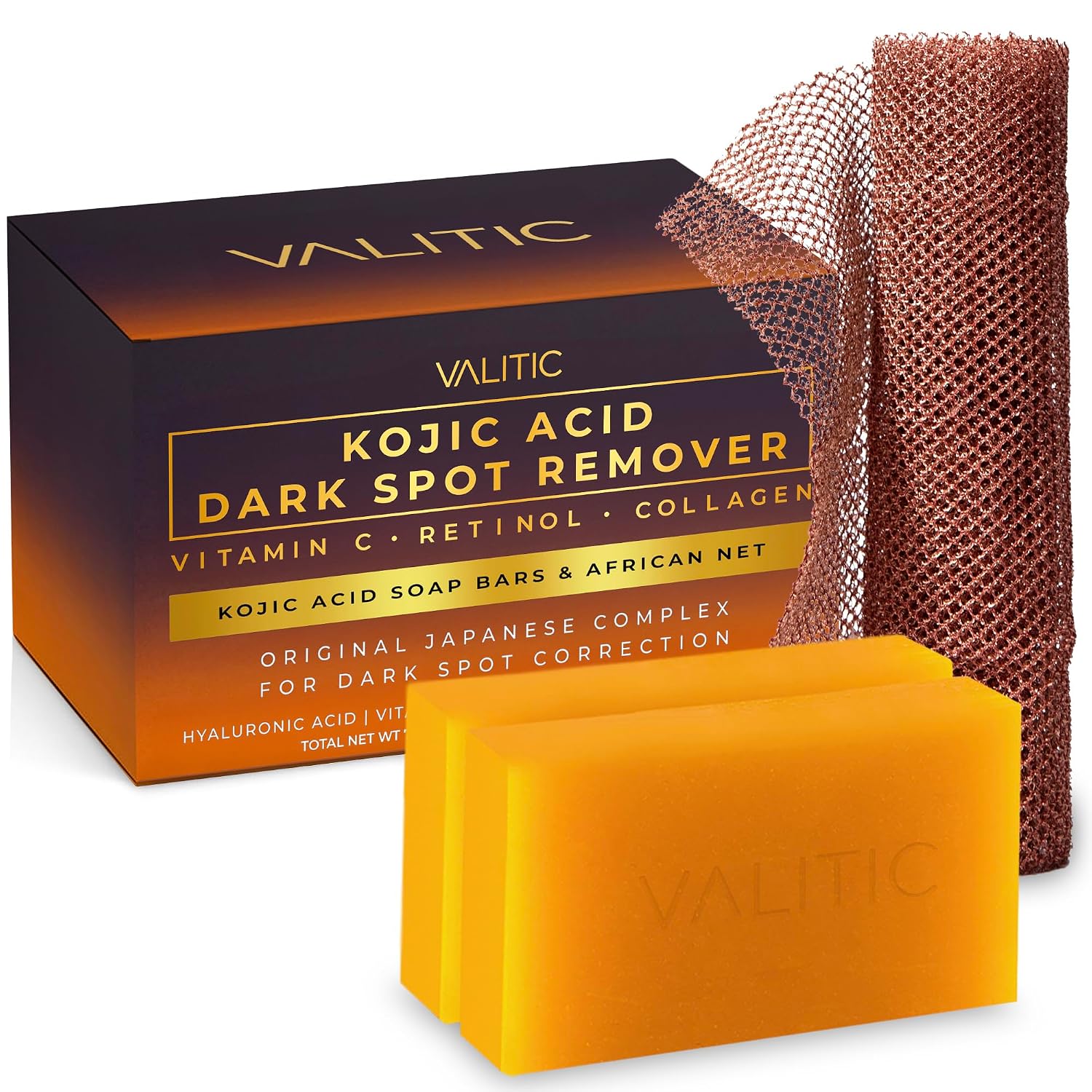 VALITIC Kojic Acid Dark Spot Soap with Turmeric, Vitamin C, Retinol - Original Japanese Complex with Hyaluronic Acid, Vitamin E, Shea Butter, Castile Olive Oil - 2 Pack and African Net Sponge